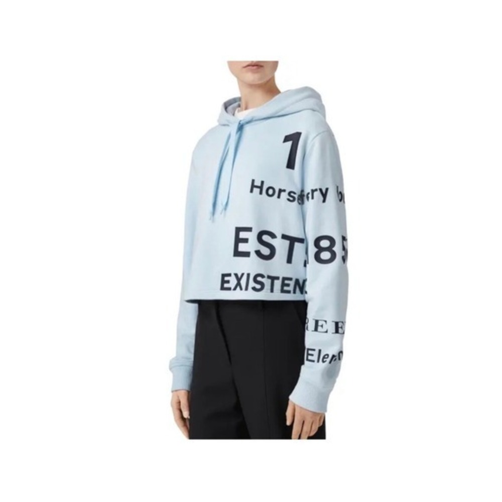 Burberry Horseferry Print Cropped Hoodie Pale Blue‎ Cotton Sweatshirt Womens L